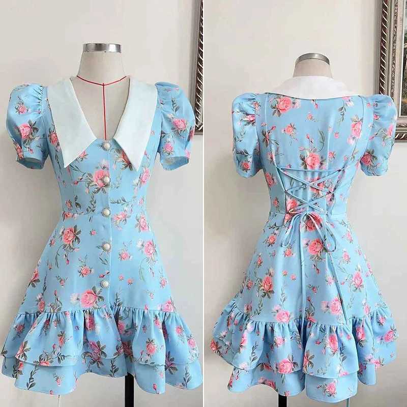 Turnova Print Puff Sleeves Ruffled Dress Womens V-Neck High Waist Pearl Buttons Mini Dress Female Casual Vacation Fashion Dress R250716