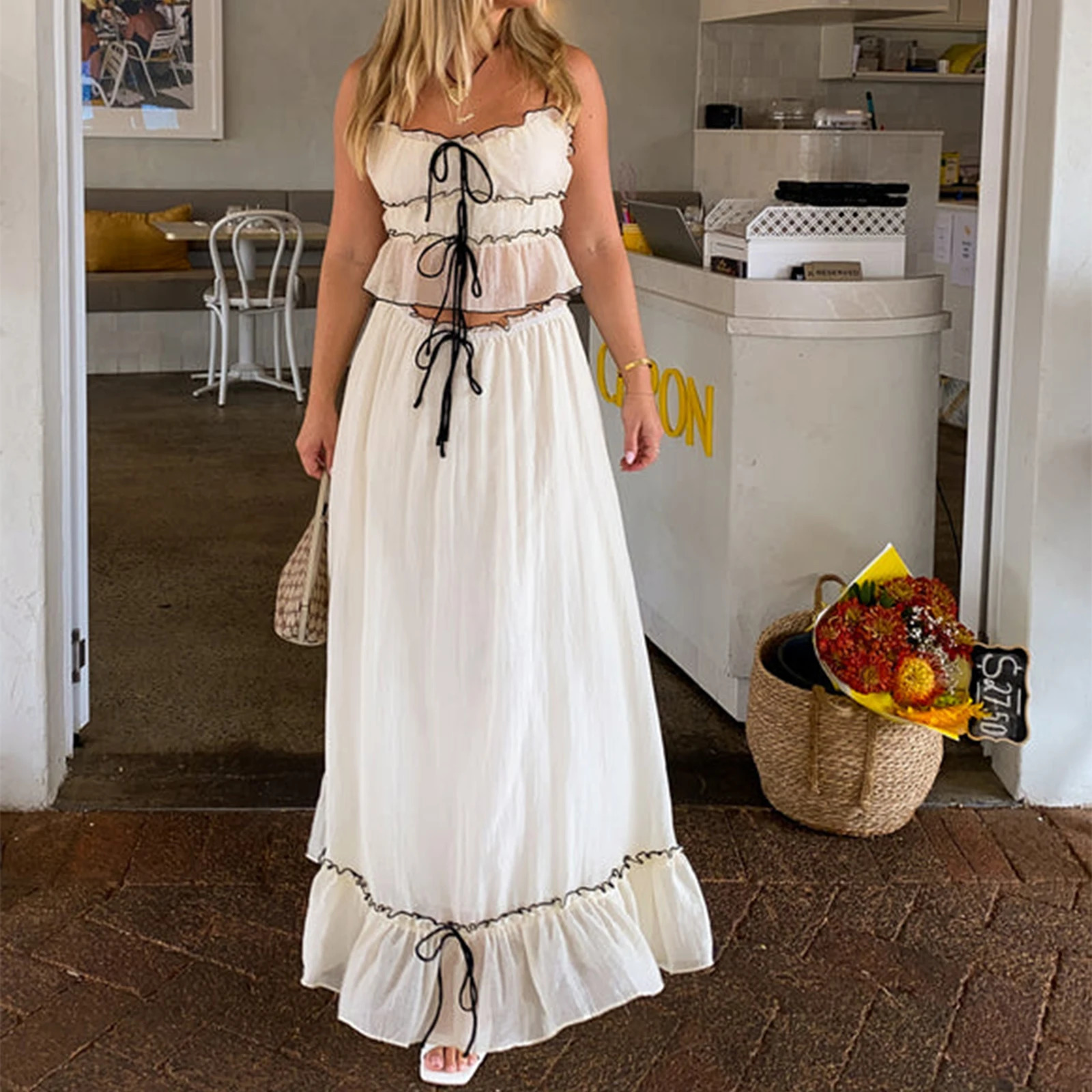 Women Y2k 2 Piece Outfits Patchwork Front Tie-Up Camisoles and Ruched Ruffle Maxi Skirt Matching Set Beachwear 250715