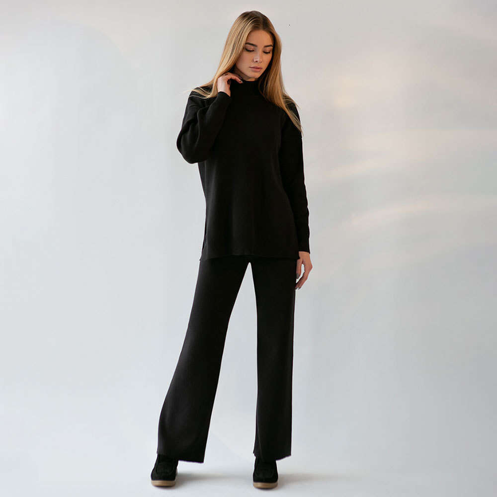Solid Color Knitted High Neck Slit Women's Fashion Casual Lazy Sweater Set For Autumn And Winter B5