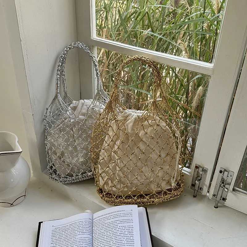 Hylhexyr Ins New Solid Color Gold and Thread Handmade Weaving Bag Bucket Shaped Handbag Beach Bags