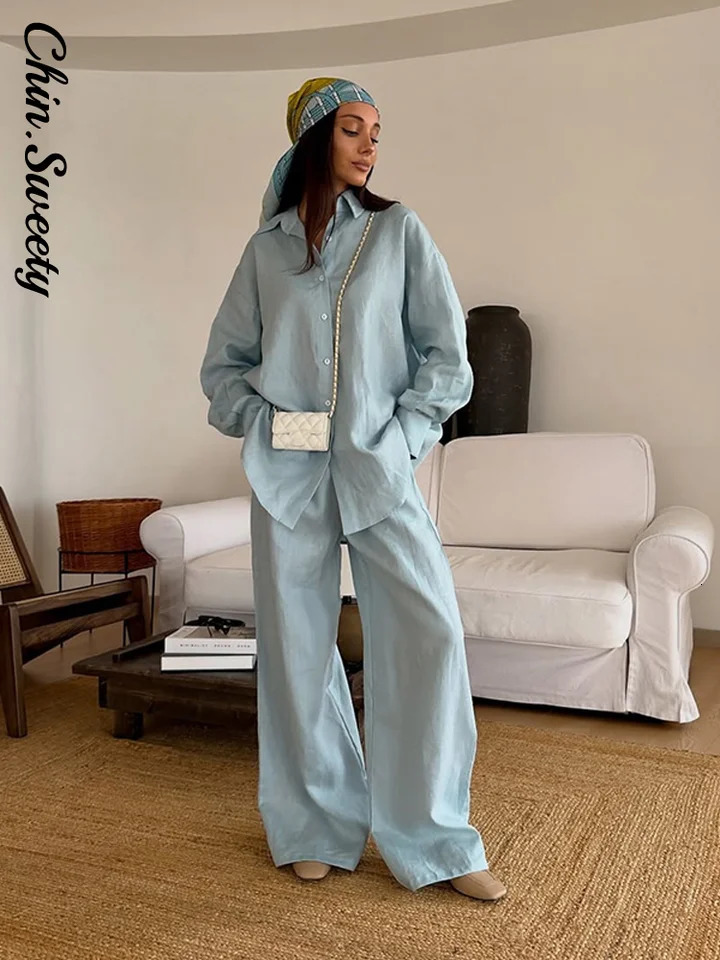 Casual Womens Trouser Suits Long Sleeve Turn-Down Collar Button Solid Lady Sets 2025 Summer Fashion 2 Pieces Set Women 250715