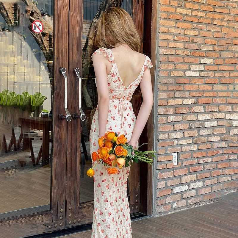 2023 Sexy Square-neck Long Maxi Dress Y2K Elegant Vintage Floral Printed Party Dresses Spring Summer Holiday Style Dresses R250716