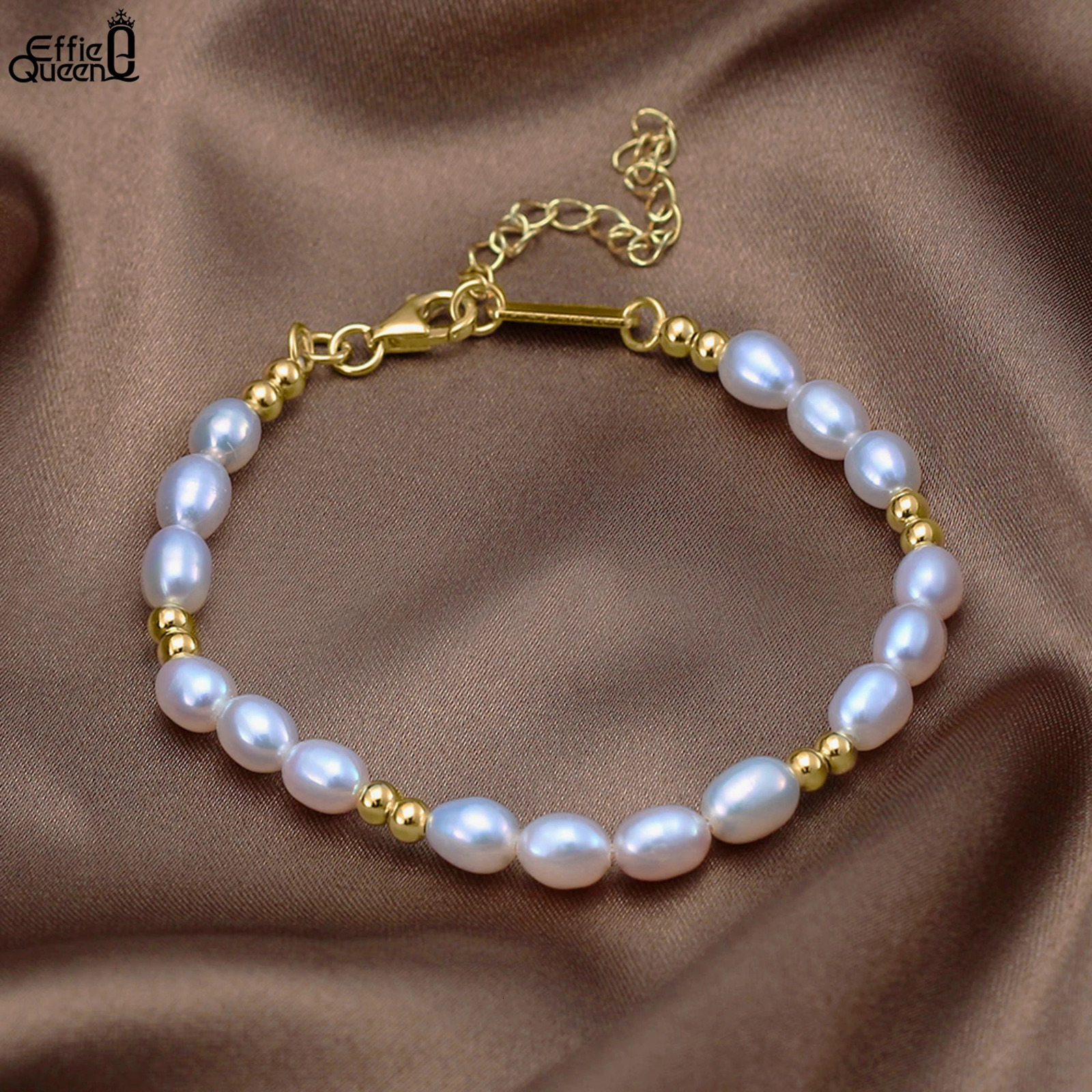 EFFIE QUEEN 14K Gold Beads Chain Bracelet 925 Sterling Silver Cultured freshwater Pearl Bracelet Wedding Jewelry for Women GPB36 250712