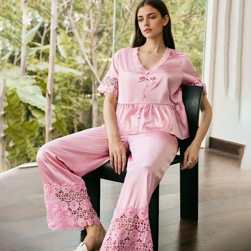 New Women's Spring/Summer Silk Color Lace Short Sleeve Long Pants Nightwear Set Homewear