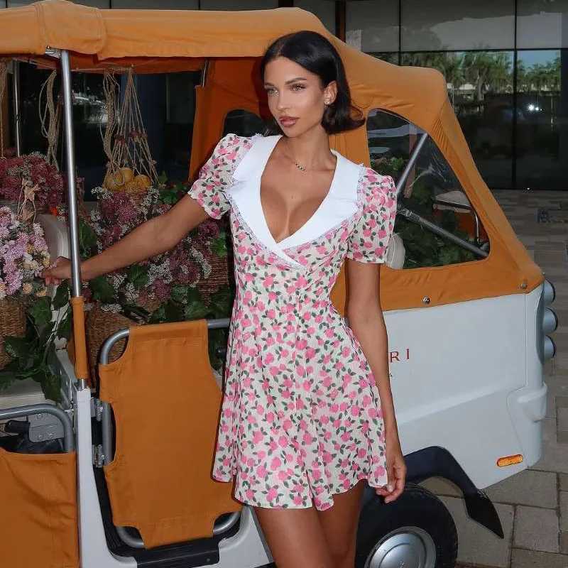 Tornova Flower Print Puff Sleeve Dress Womens Lapel Sexy Slim Mini French Dress Elegant Contrast Party Dress Female Fashion R250716