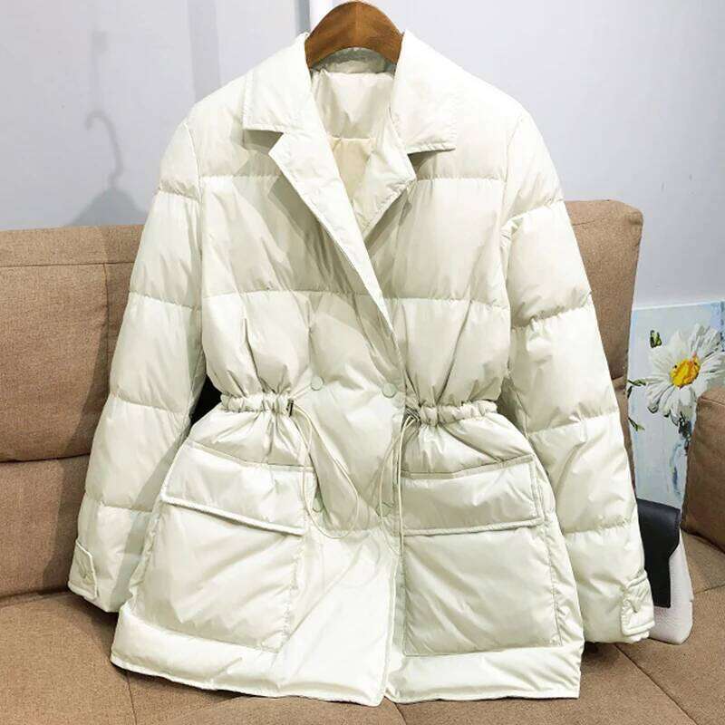 Lagabogy New Winter Women White Duck Down Coat Female Notched Collar Double Breasted Coats Casual Lady Drawstring Puffer Outwear MDNG