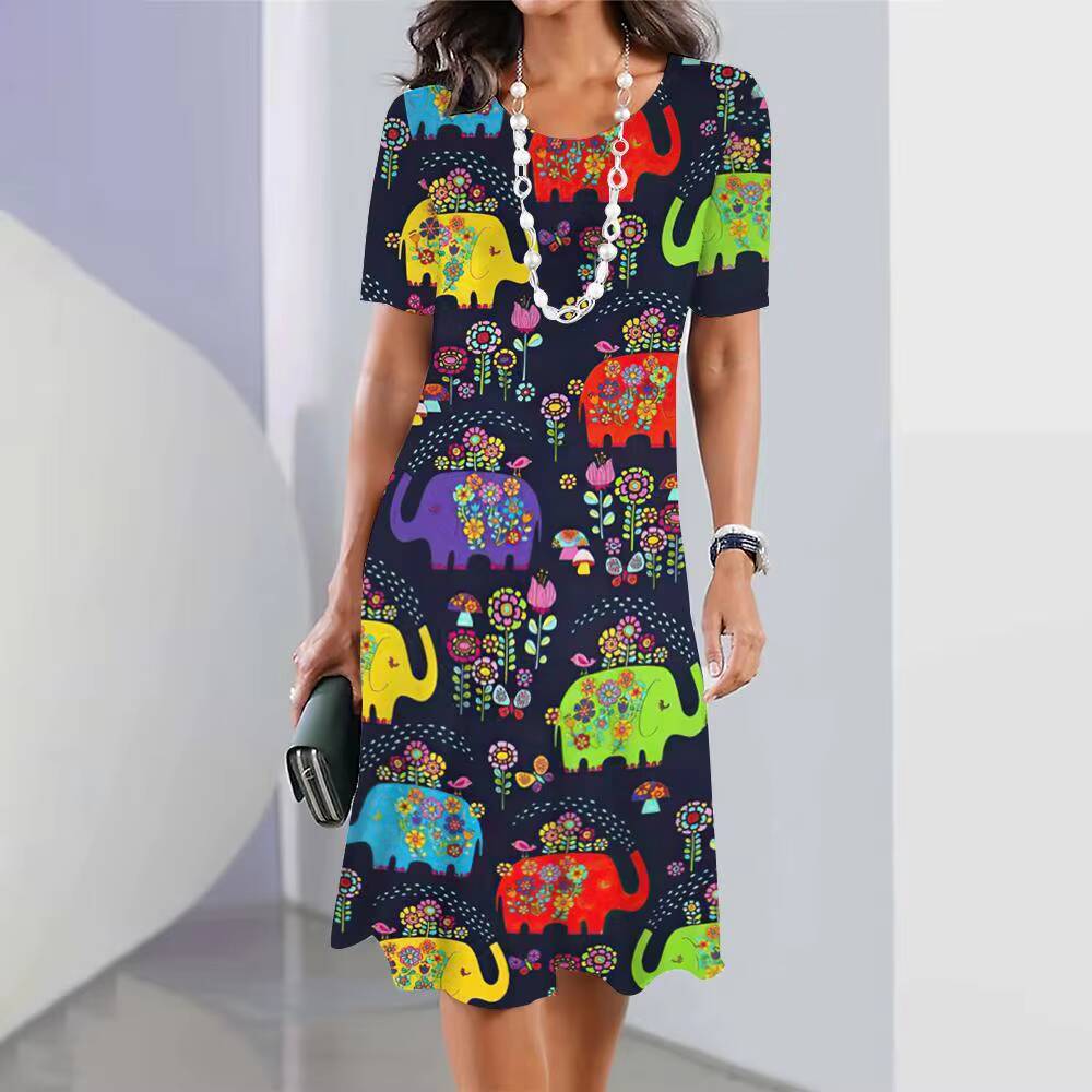 2024 New Elephant Print For Womens Elegant Midi Dresses Summer Female Short Sleeve Dress Fashion Oversized Clothes dongdumaoyi