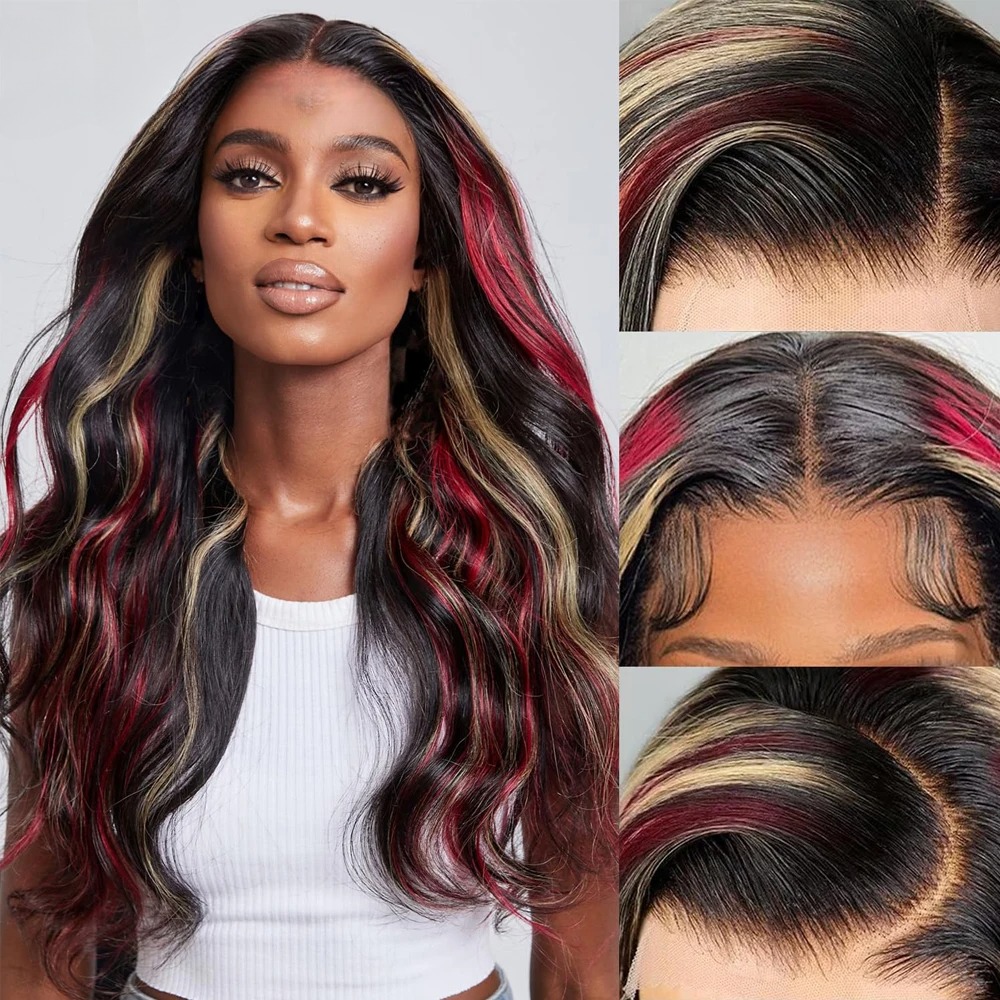 Black Red Blonde Highlights Lace Front Wig 13x4 HD Body Wave Wig Lace Front Wigs Highlight Wigs Pre Plucked with Baby Hair Synthetic Lace Frontal Wig