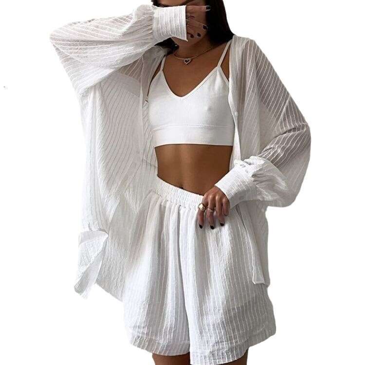 Women's Clothing Summer Elegant Casual Textured Long Sleeve Vertical Stripe Shirt + Shorts Set B5