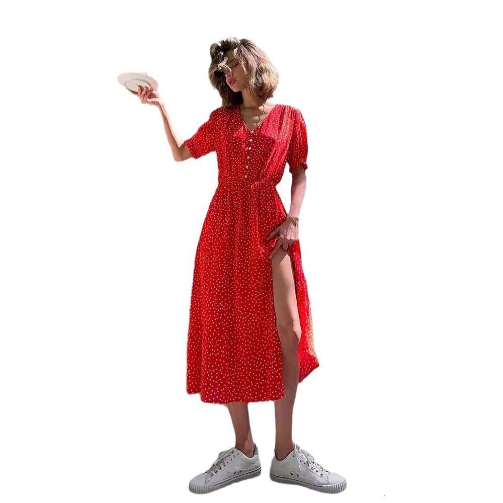 Polka Dot Summer V-Neck Waist-Cinching Slit Mid-Length Red Short-Sleeve Dress For Women B5