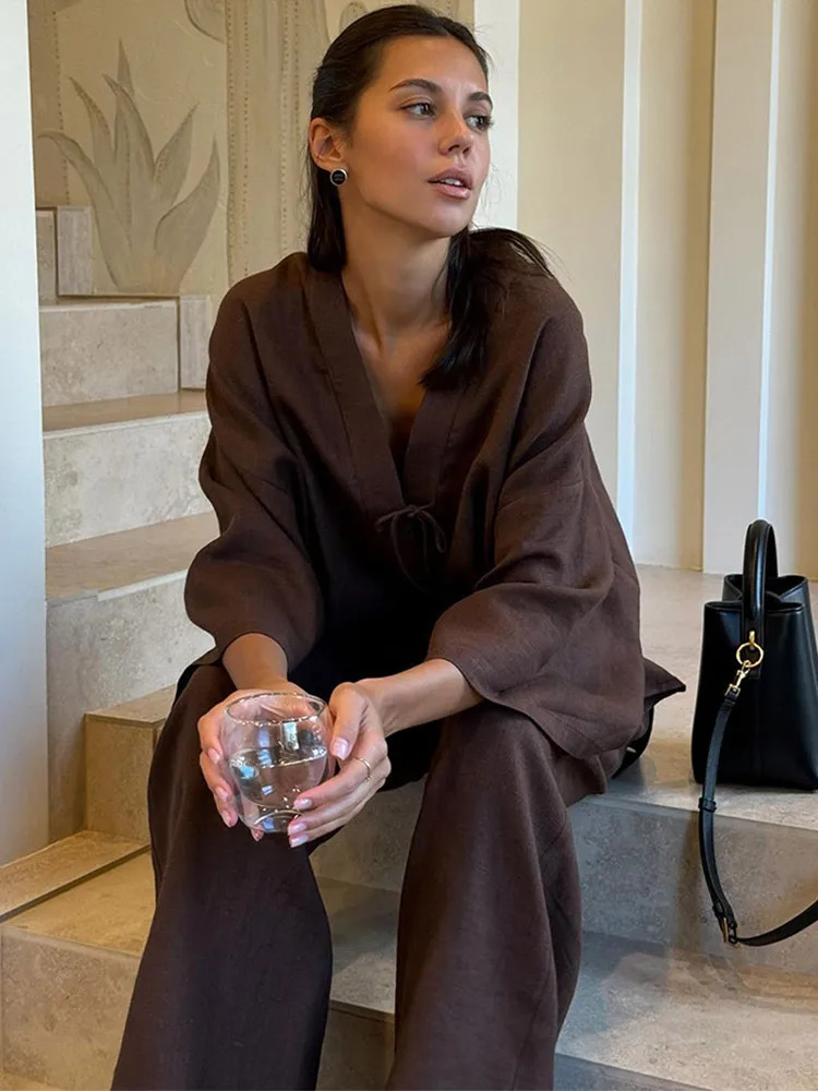 Brown Cotton Linen Loose Pants Set Womens Oversized V- Neck Buttons Shirts Suit Lady Summer Casual Daily Street Outfits 2025 250715