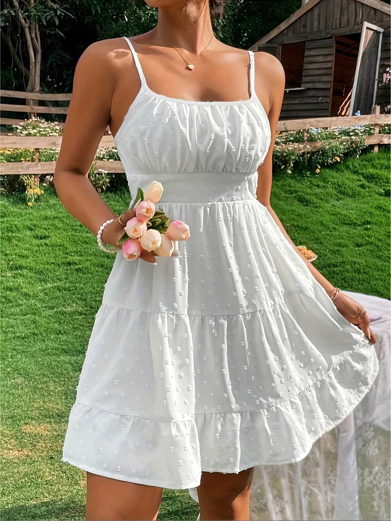 Summer Womens Sexy Waist-Cinching Ruffled Plain Color Sleeveless Camisole Dress R250716