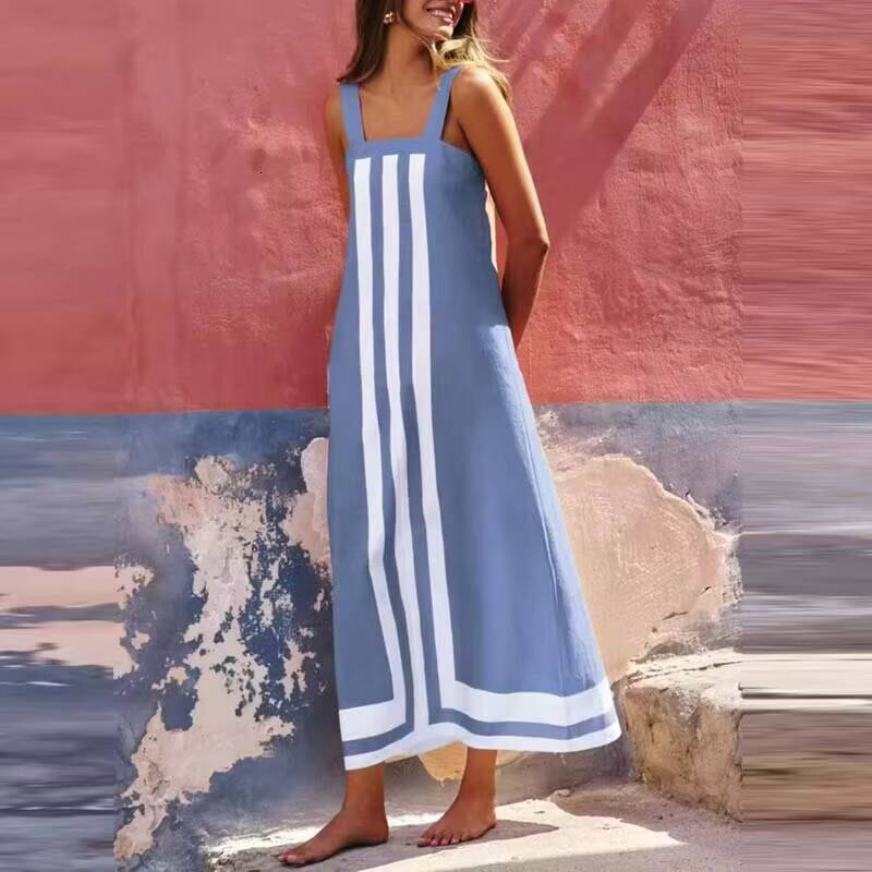 Summer Square Collar Sling Chic Match Patchwork Striped Mini Dresses 2025 Fashion Contrast Color Backless Beach Dress Women New dongdumaoyi