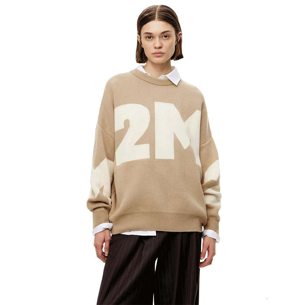Autumn Winter Knitted Fashion Versatile Color Block Elegant Round Neck Loose Letter Sweater B5
