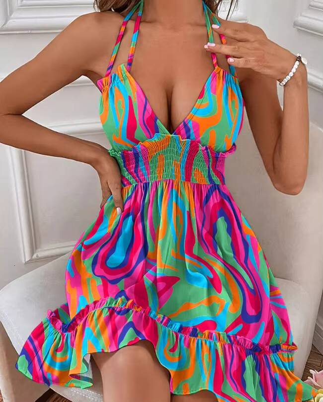 Summer For Women Trendy Solid Boho Dress V Neck Sleeveless Halter Backless Sundress Ruffles Holiday Beach Dresses dongdumaoyi