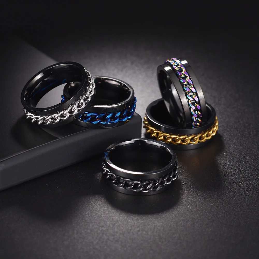 Stainless Steel Chain Spinner Finger Ring for Men Rotate Rotating Anxiety Fidget Rings Blue Gold Color Black Punk Rock Jewelry S250716