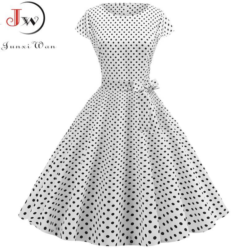 Women Summer Dresses Robe Vintage 50s 60s Big Swing Party Rockabilly Dress White Polka Dot Vestidos dongdumaoyi