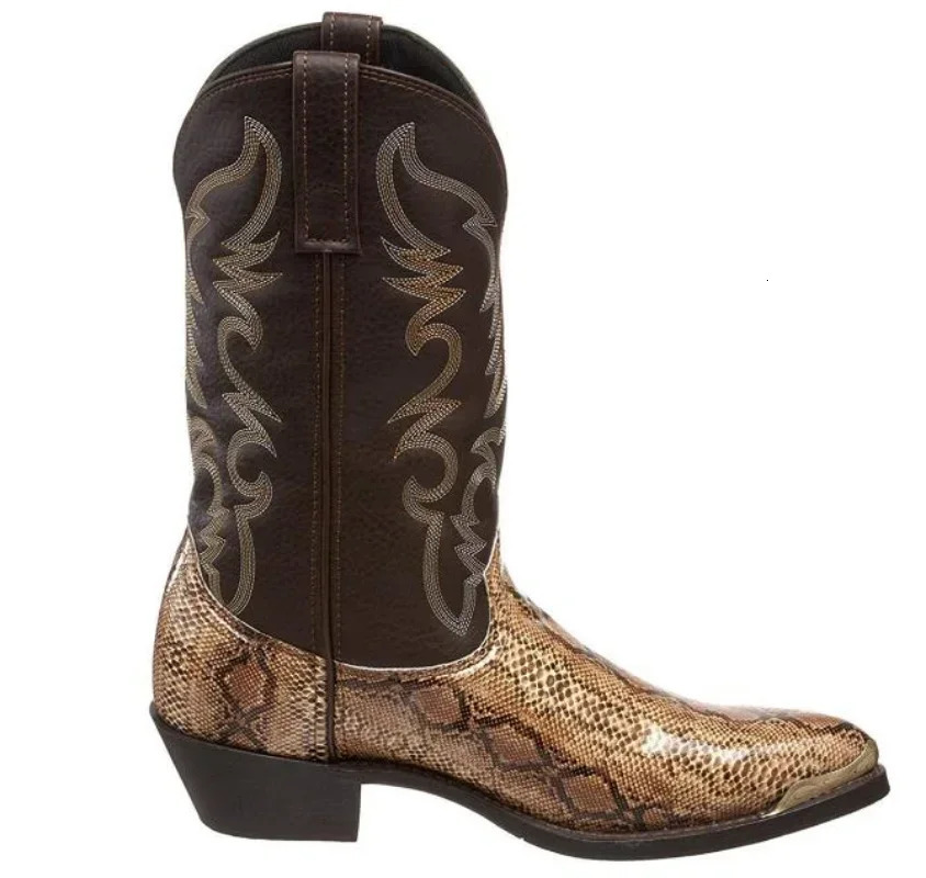Retro Men Women Boots Golden Head Snake Skin Faux Leather Winter Shoes Embroidered Western Cowboy Boots Unisex Footwear Big Size 250715
