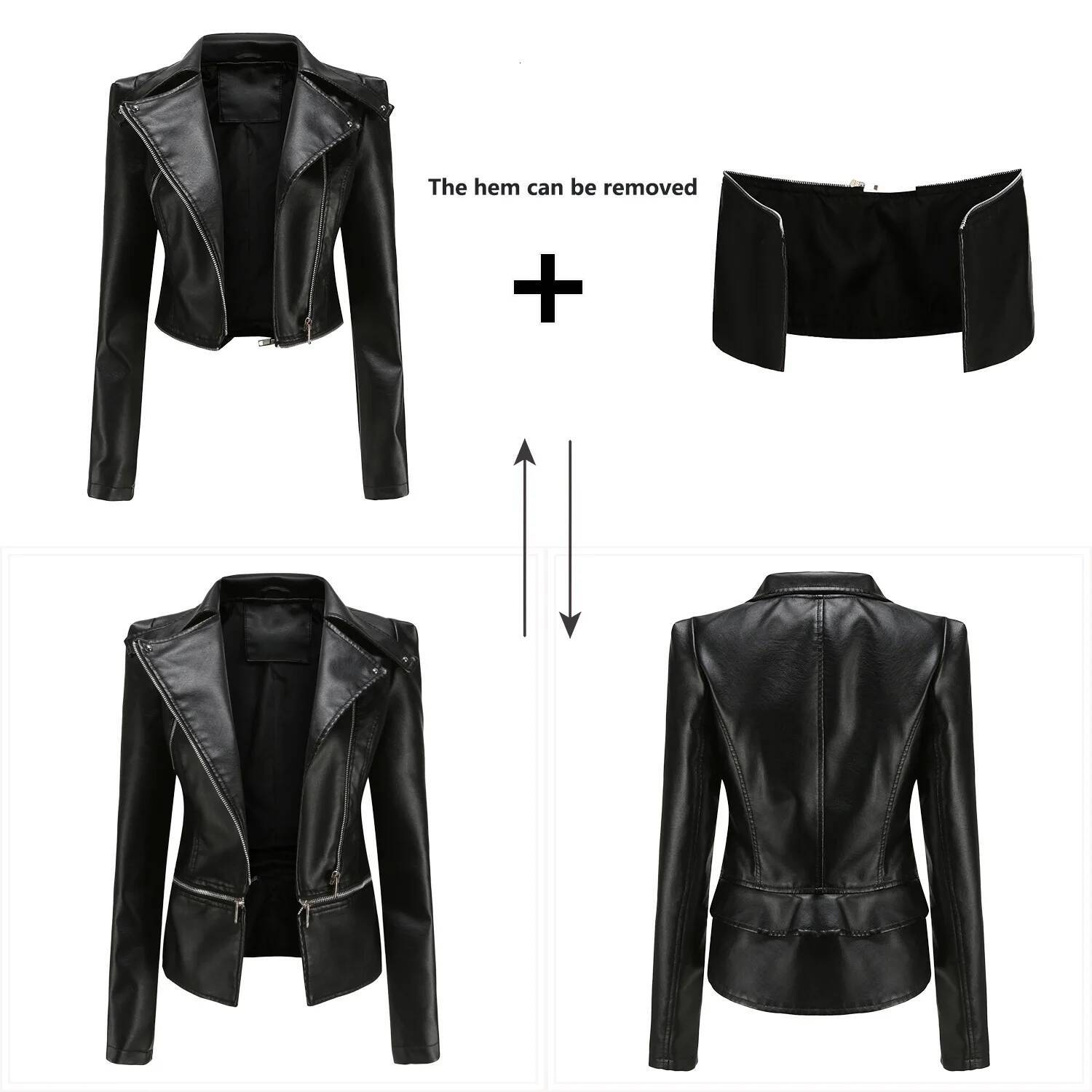 2025 Spring Autumn Leather Jacket Female Detachable Hem Lapel Zipper Casual Coats Women's Locomotive Windbreaker