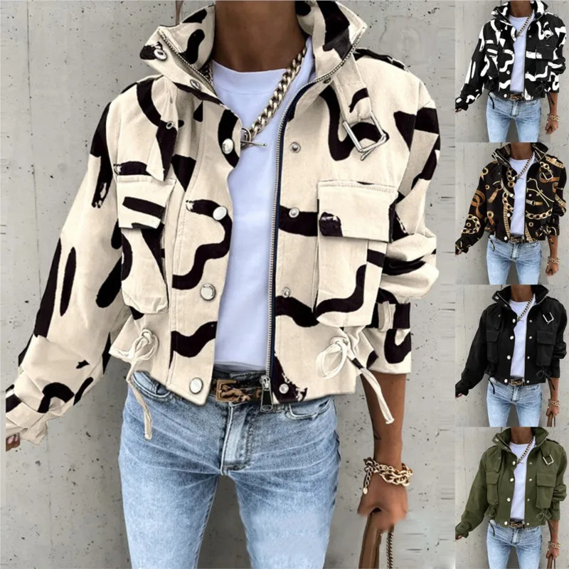 Autumn Winter Print Casual Jacket For Women Short Coats Long Sleeve Pockets Fashion Jackets Y2k High Street Style Coat Female 250715