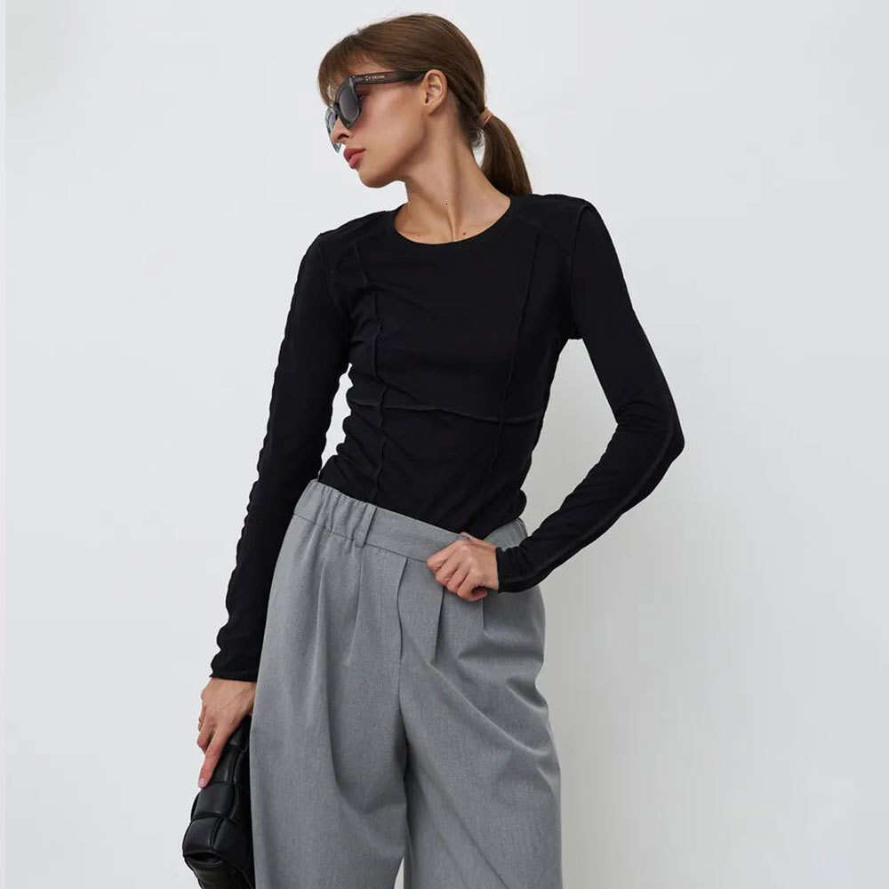 Round Neck For Women Spring New Fashionable Elegant Casual Stitched Long Sleeve Base T-Shirt B5