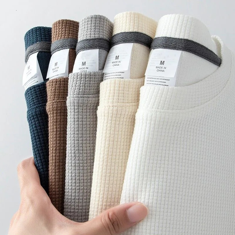 2025 Waffle Men T Shirt Half Sleeve Casual Summer Round Neck Thin Solid Color Basic Tops Loose Men T Shirts 250715