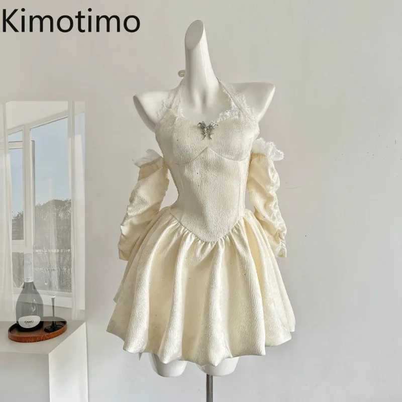 Kimotimo Women Halter Birthday Party Mini Dress Summer Off Shoulder Waist Slim Fit Fluffy A-line Dresses Sexy Backless Vestidos R250716