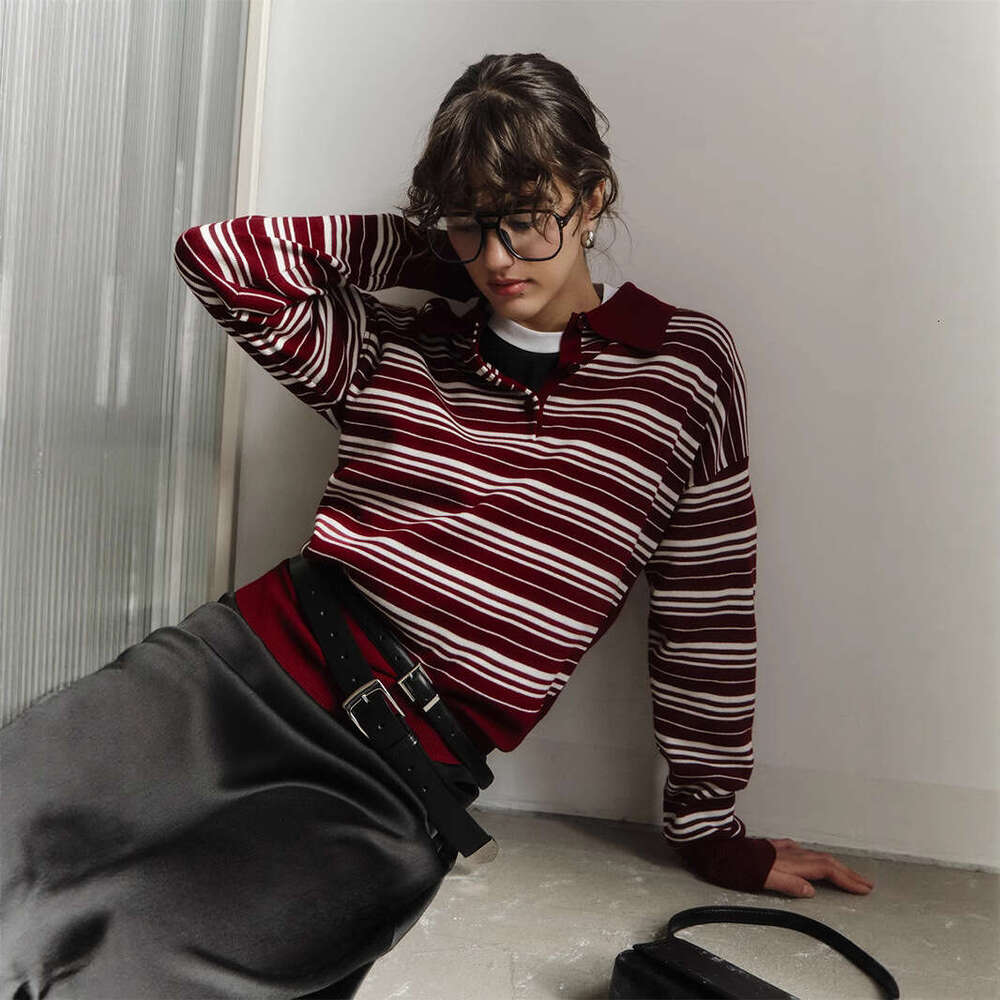 Knitwear Autumn New American Style Color-Block Striped Polo Collar Knit T-Shirt B5