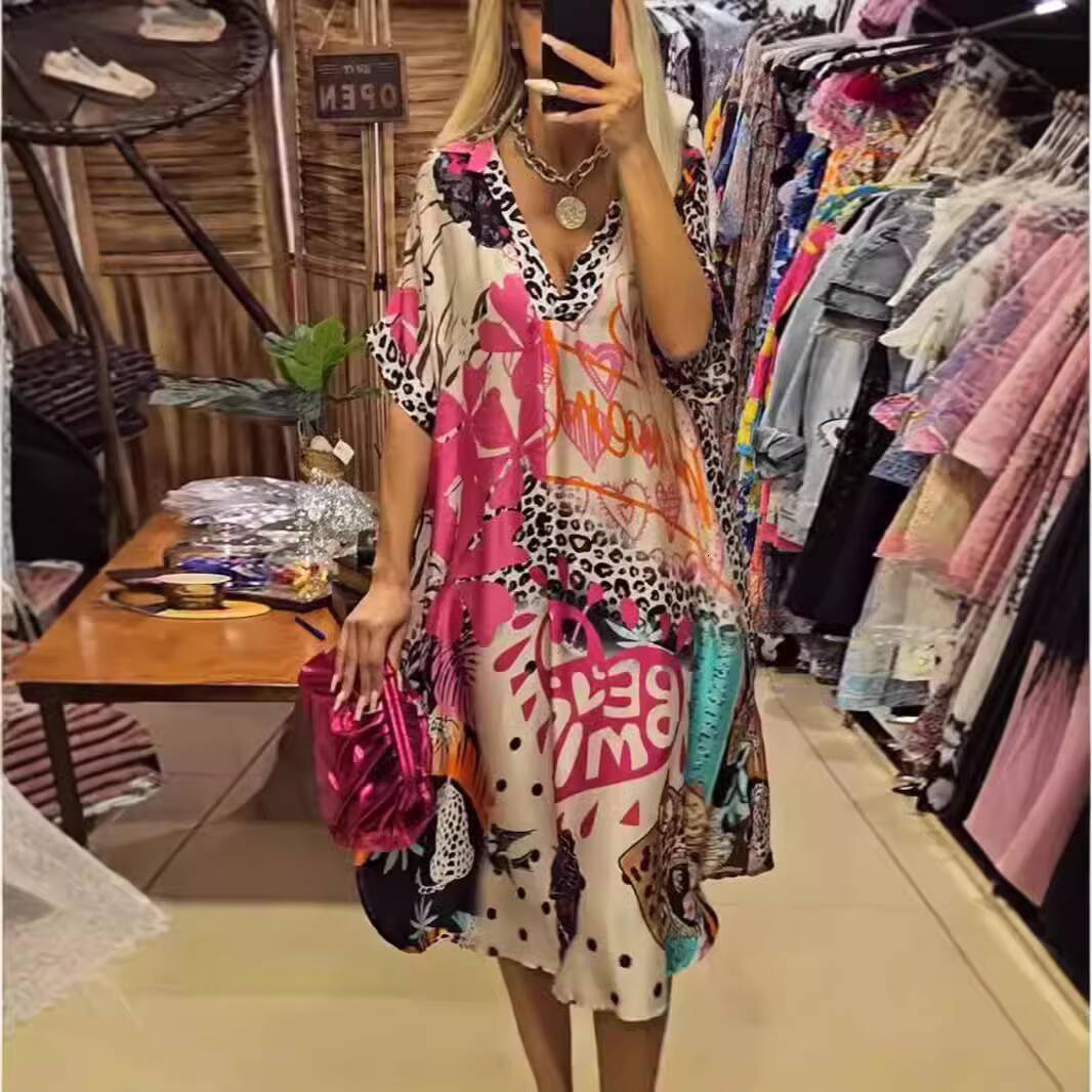 Women Casual Deep V Neck Loose Long Summer Half Sleeve Pullover Leopard Vestidos Colorful Print A-Line Party Dress dongdumaoyi