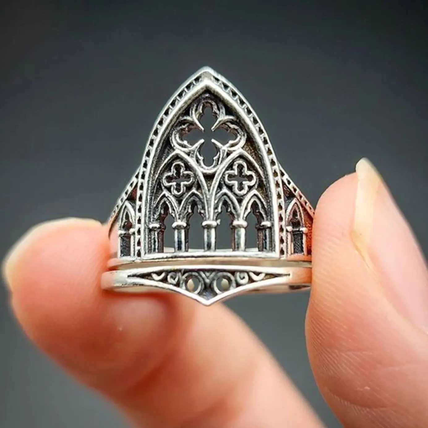 1pc Vintage Castle Architectural Style Hollow Out Flowers Geometry Gothic Metal Silver Color Open Ring Woman Party Prom S250716