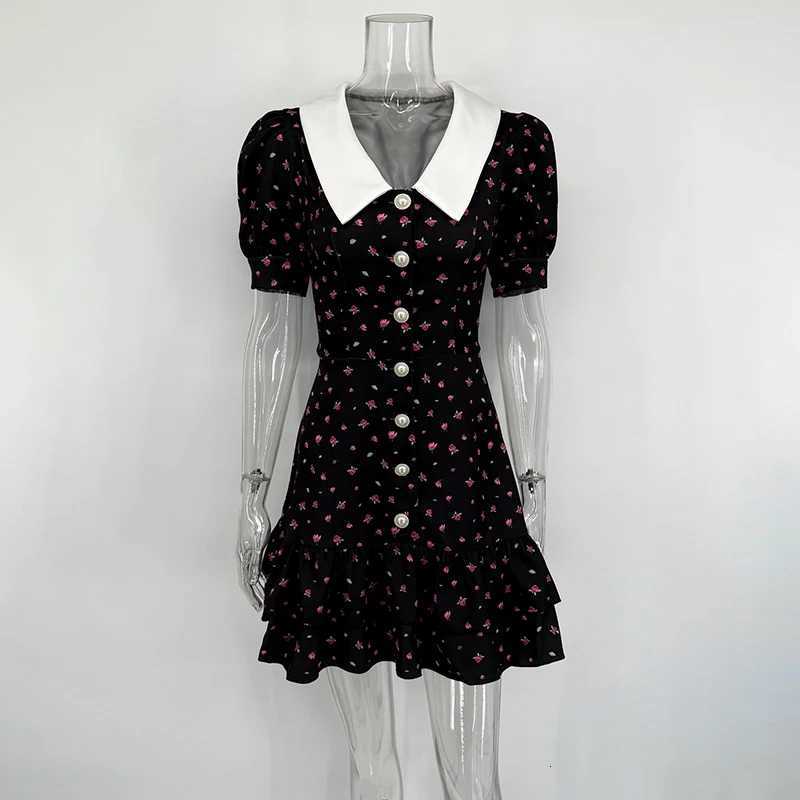 Turnova Print Puff Sleeve Mini Dress Womens Short Sleeve V Neck Pearl Button Dress Lady High Waist Elegant Evening Party Dress R250716