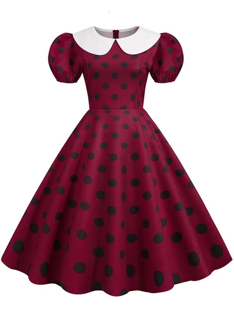 Polka Dot Vintage Women Summer Pink Rockabilly Office Party Dress Casual Peter Pan Collar Sundress Vestidos dongdumaoyi