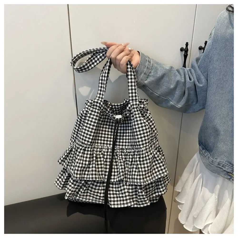 Casual Korean Style Lotus Leaf Shoulder Bag Large Capacity Bag Portable Cloth Plaid Tote Bag Storage Bag