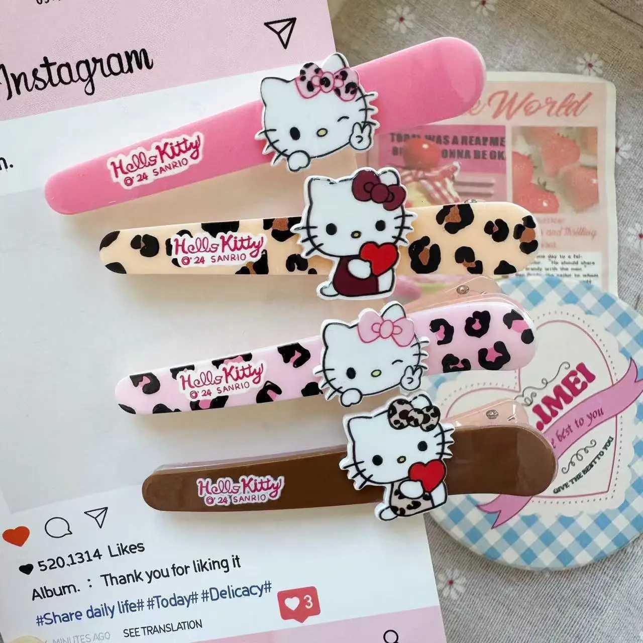 Sanrio 4pcs Sanrio Cartoon HelloKitty Hair Clips with Leopard Print Bangs and Versatile Side Clips for Hair Accessories w250716