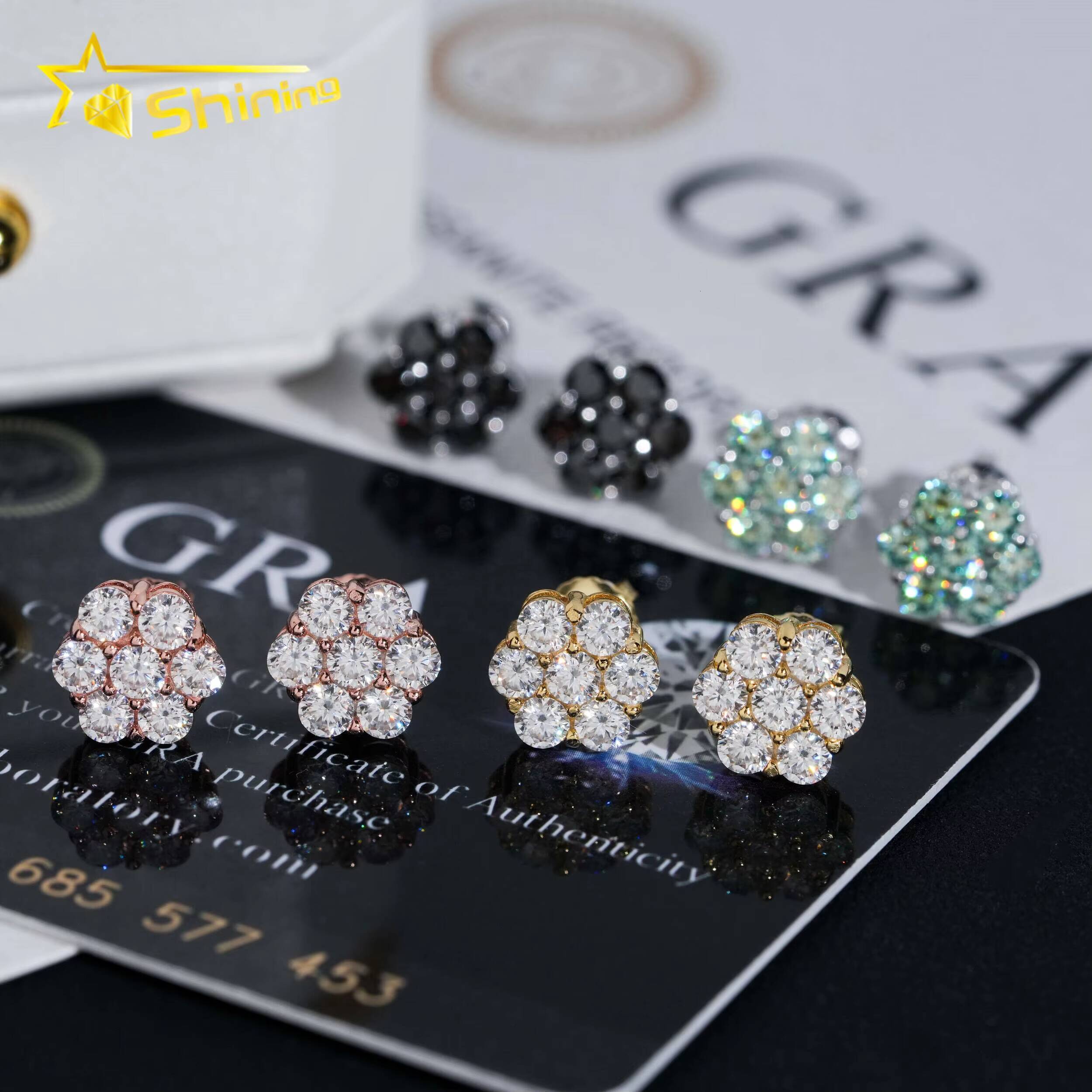 Ready to Ship Stock Drop Shipping Mens Iced Out Hip Hop Sterling Silver 925 Screw Back Moissanite Flower Cluster Stud Earrings