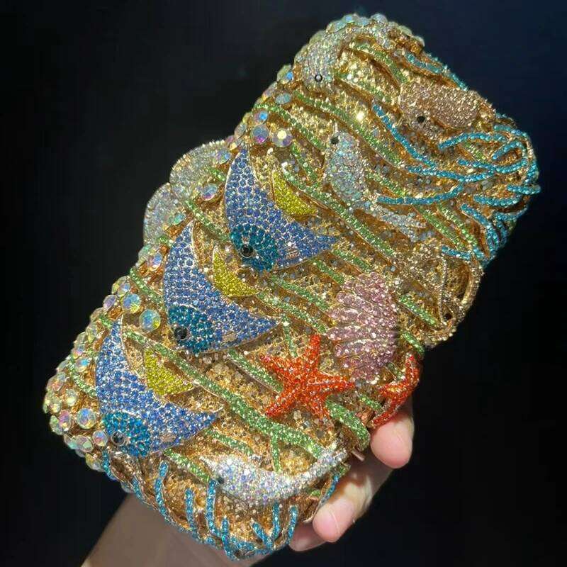 Lady Fish Full Rhinestones Evening Clutch Bags Wedding Stone Day Clutches Purses Metal Minaudiere Handbag Bridal Party Handbags