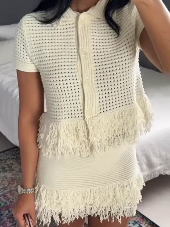 Tassels Knitted Hollow Out Cardigans Skirt Suits Women Single Breasted Lapel Top Mini Skirts Sets Female 2025 Spring Chic Outfit 250715