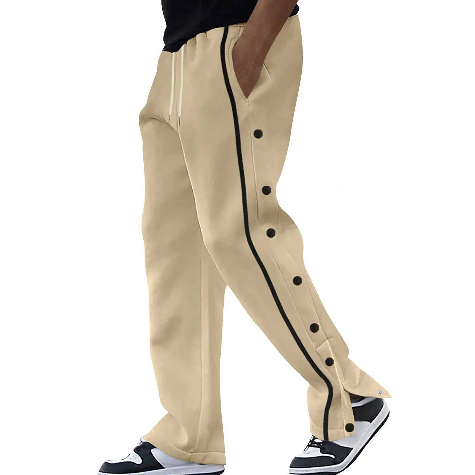 Mens Autumn High Street Casual Pants Side Stripe Fully Open Button Cotton Twill Trousers Gym Training Basketball Sweatpants y250716