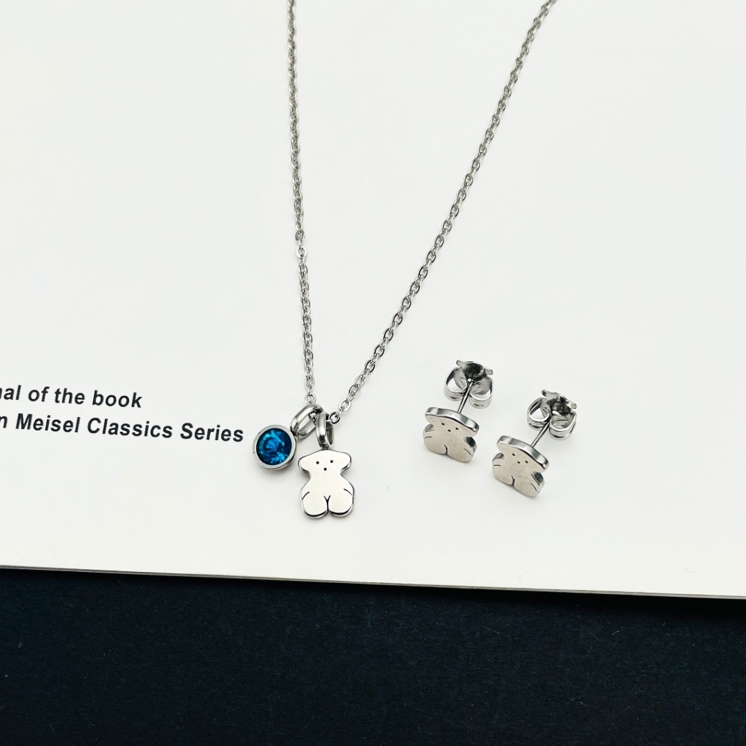 Fashion Women Men Silver Gold Bear Stainless Steel Cartoon White Black Blue Round Zircon Pendant Necklace Stud Earrings Sets Jewelry