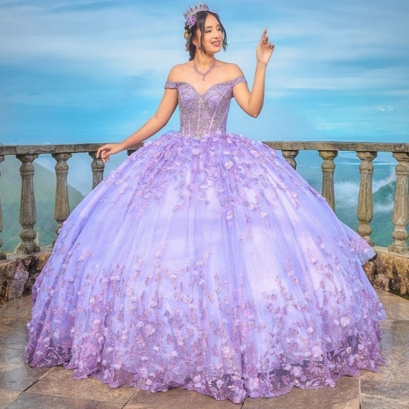 Lavender Shiny Quinceanera Dresses Ball Gown Off Shoulder Sequin Appliques Flower Beading Crystal Tull Sweet 16 Dress Vestidos De 15 Anos