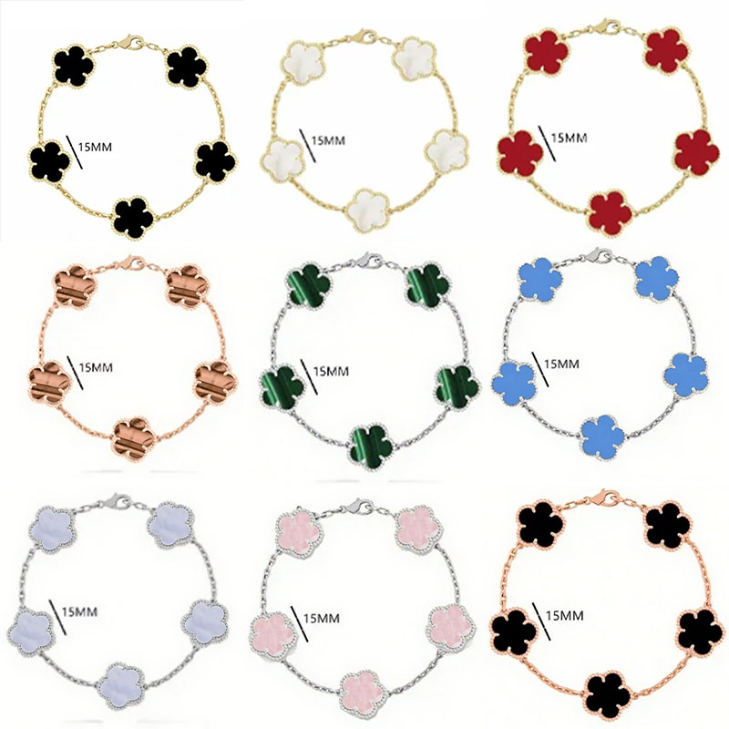 Brand Four Leaf Clover Bracelet Classic Five Flower 15mm Pendant Chain Bracelet 18k Gold Stainless Steel Bracelet Designer for Women