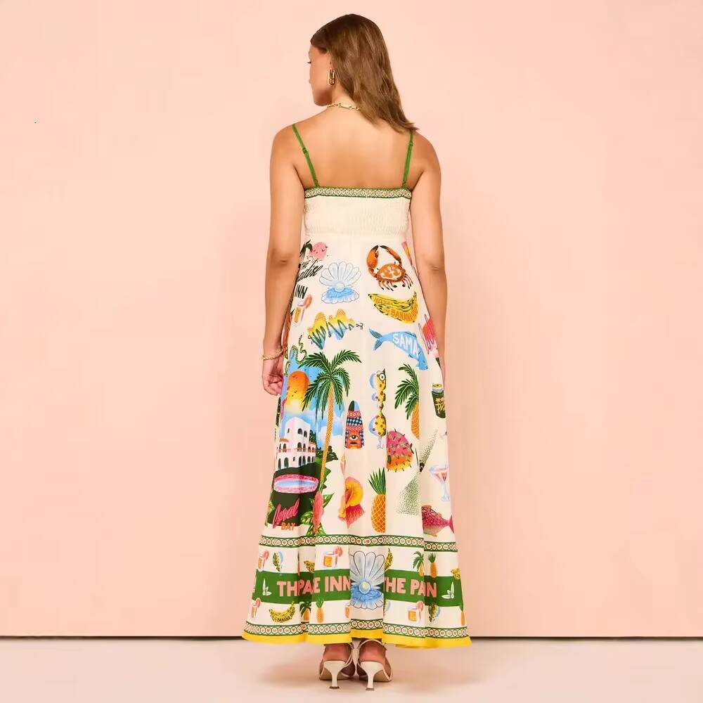 Sexy Off-Shoulder Graffiti Cotton Linen Print Maxi Dress Womens New Hot Sale Of The Season Sleeveless Loose Fit Gown for Women dongdumaoyi