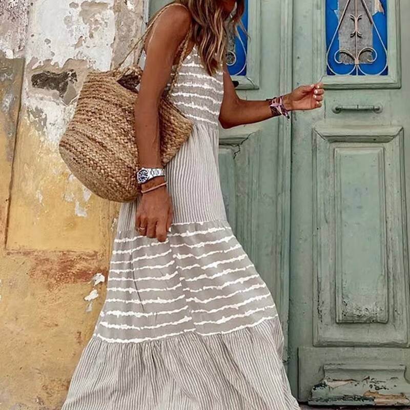 Maxi Long Dress Women Mom Boho Round Neck Sling Dresses Striped Sleeveless Summer Streetwear Print Loose Casual Vestidos dongdumaoyi