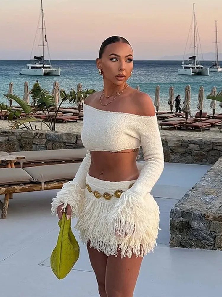 Elegant Tassel Knitted Skirt Set Women Off Shoulder Long Sleeve Crop Top Hip Package Mini Skirts Suit Summer Beach Lady Outfits 250715