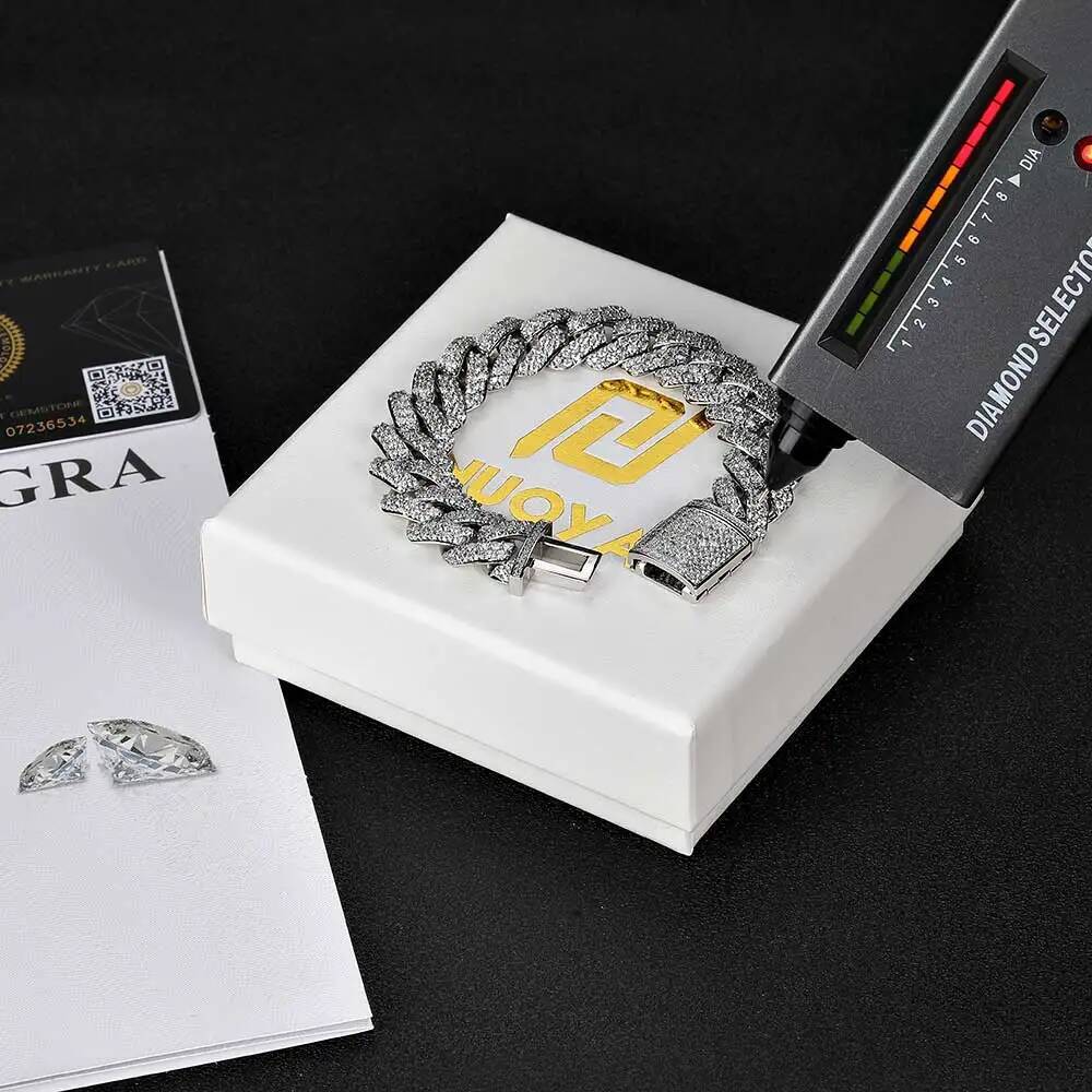 Hip Hop Necklace Pass Diamond Tester VVS Moissanite Diamond 15mm Width 2 Rows 925 Solid Silver Cuban Link Chains Gift For Him