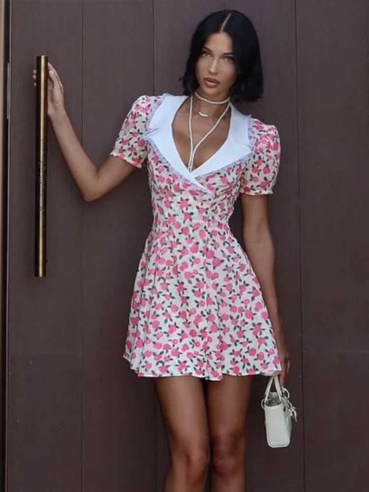 Sisterlinda Spring Release Junior Fashion High Street Mini Dress K25D70377 Girl Solid V-Neck Short Sleeve Cleavage Floral Skirt R250716