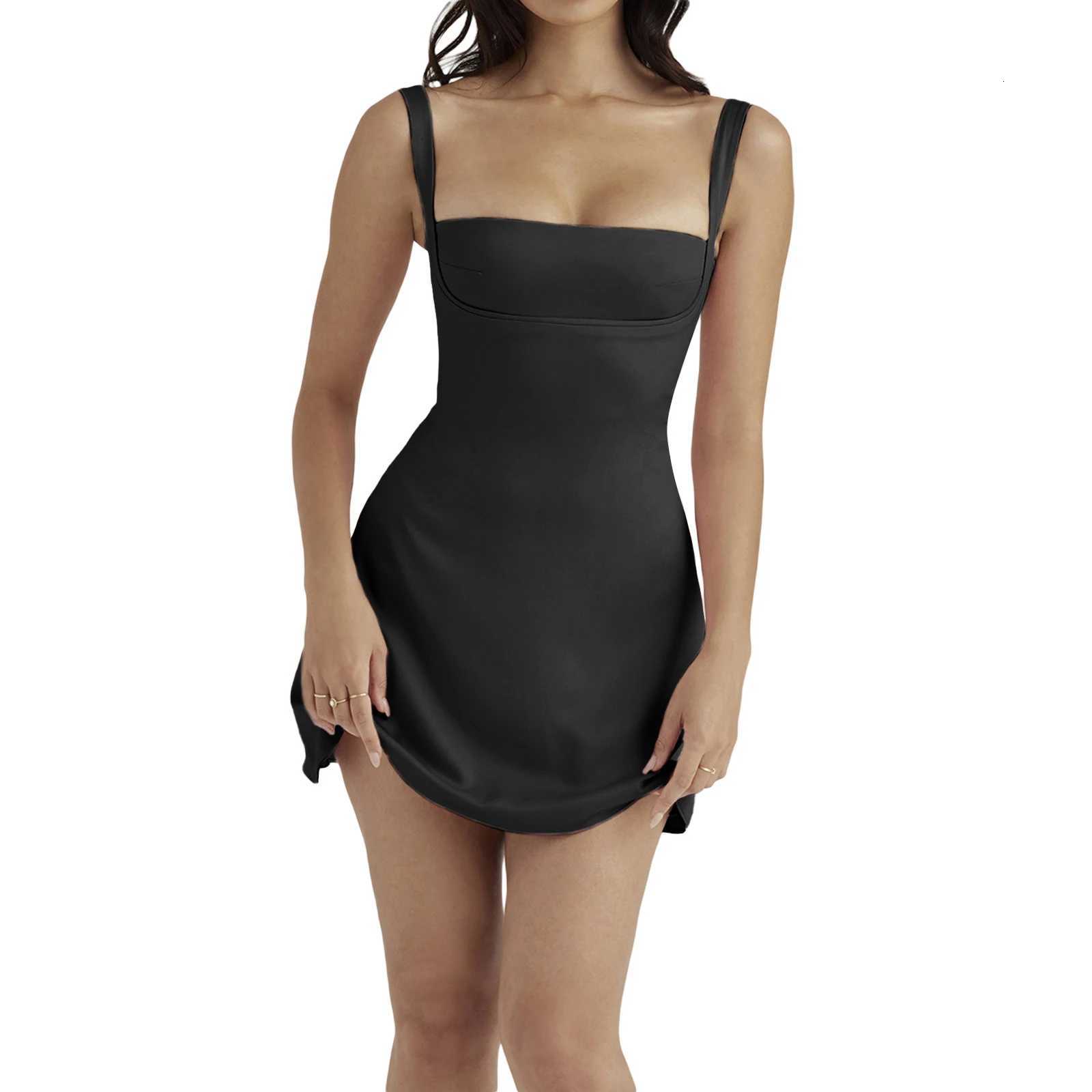 Combhasaki Womens Summer Sexy Solid Color Low-Cut Sleeveless Square Neck High Waist A-Line Short Mini Party Tank Dress R250716