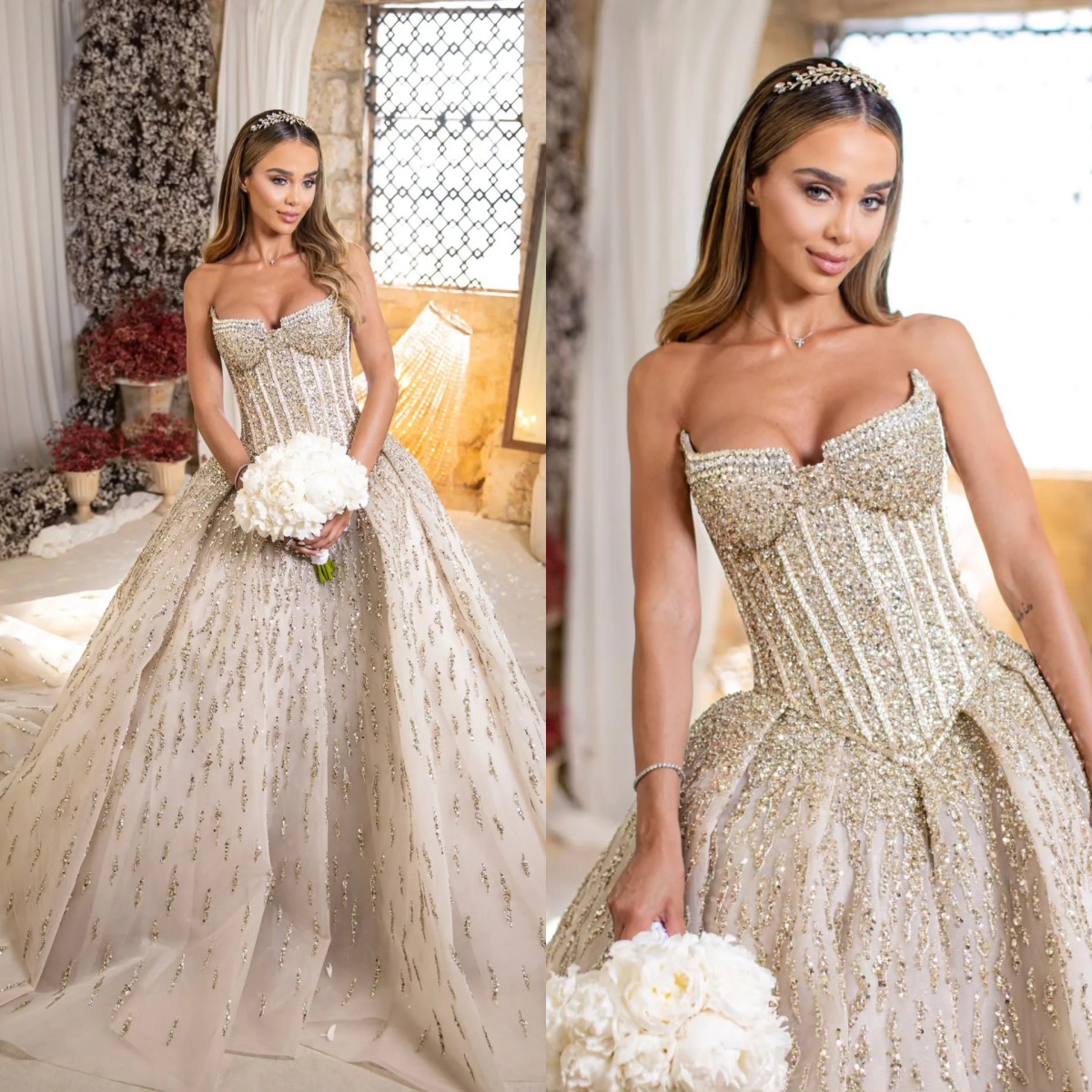 Sexy Strapless Beading A Line Wedding Dress Elegant Sleeveless Sequined Crystal Bridal Dress Customized vestidos de novia