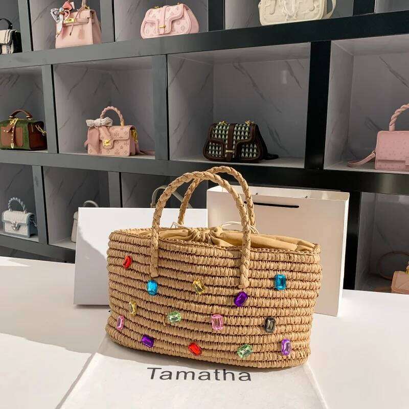 Summer Straw Woven Handmade Handbag Large Capacity Bucket Crystal Shiny Rhinestones Dia Tote Women Holiday Beach Bag