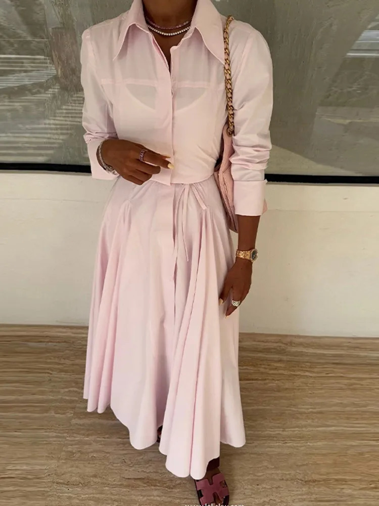 Womens Casual Pink Pleated Long Dress With Belt Fashion Lapel Full Sleeve Button Maxi Dress Lady 2025 Autumn Chic Street Robes 250715
